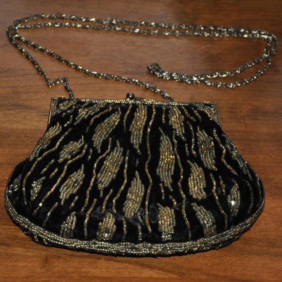 Vintage 70s Double Sided, Black Velvet, Gold Bead, Cross-body Purse Handbag - Picture 1 of 4